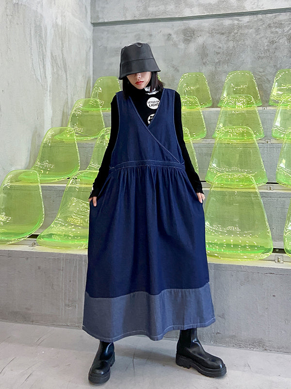 Women Solid Color Casual Denim Strap Dress