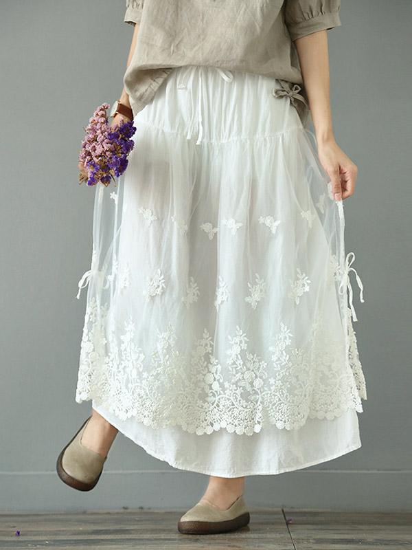 Loose Tiered Gauze Embroidered Lace Skirt