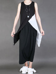 Black&White Split-joint Round-neck Sleeveless T-shirt