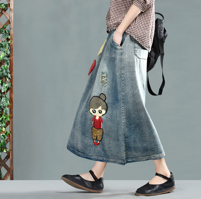 Embroidered Retro A-Line Denim Skirt