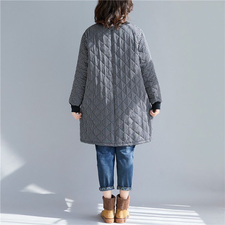 Women Plaid Warm Round Neck Coat