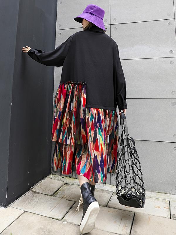 Colorful Printed Cropped Split-Joint Midi Dress