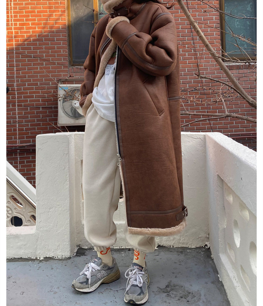 Retro Stand Collar Zipper Loose Long Casual Coat