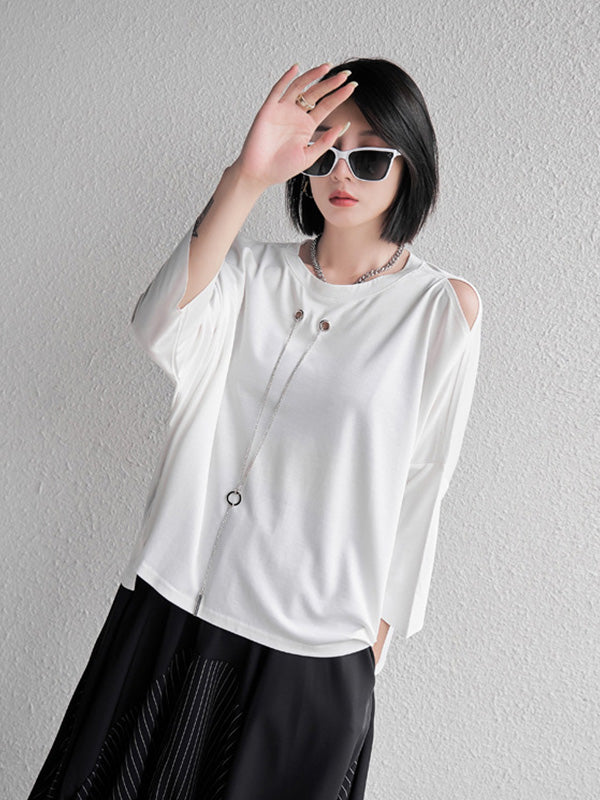 Simple 3/4 Sleeves Solid Round-Neck T-Shirt