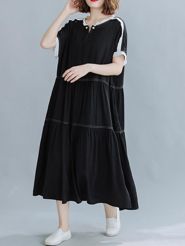 Loose Split-Joint Pleated Midi Dress