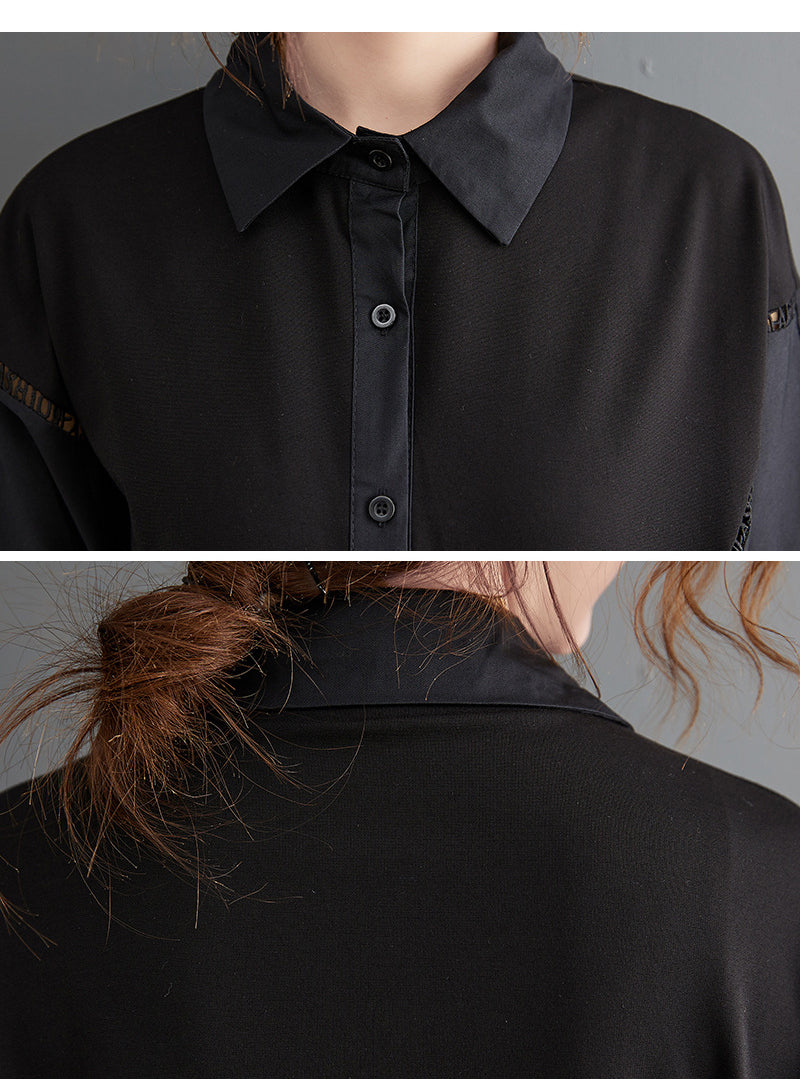 Solid Color Stitching Long-Sleeved Shirt Midi Dress
