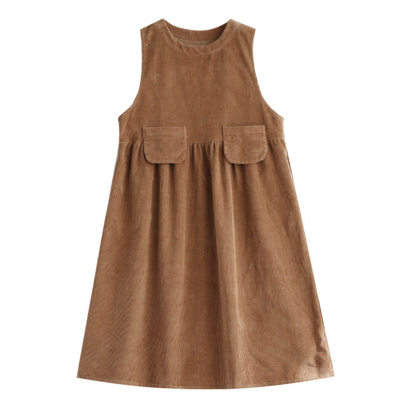 Round Neck Solid Loose Corduroy Midi Dress