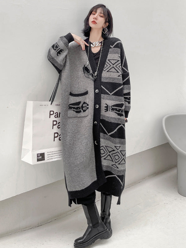 Urban Roomy Knitting Asymmetric Jacquard Cardigan Coat