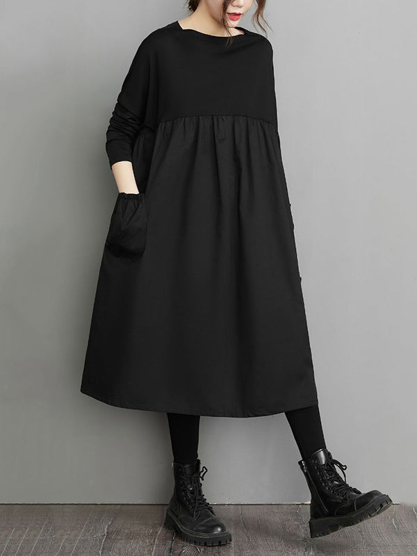 Minimalist Roomy Black Split-Joint Long Sleeves Midi Dress