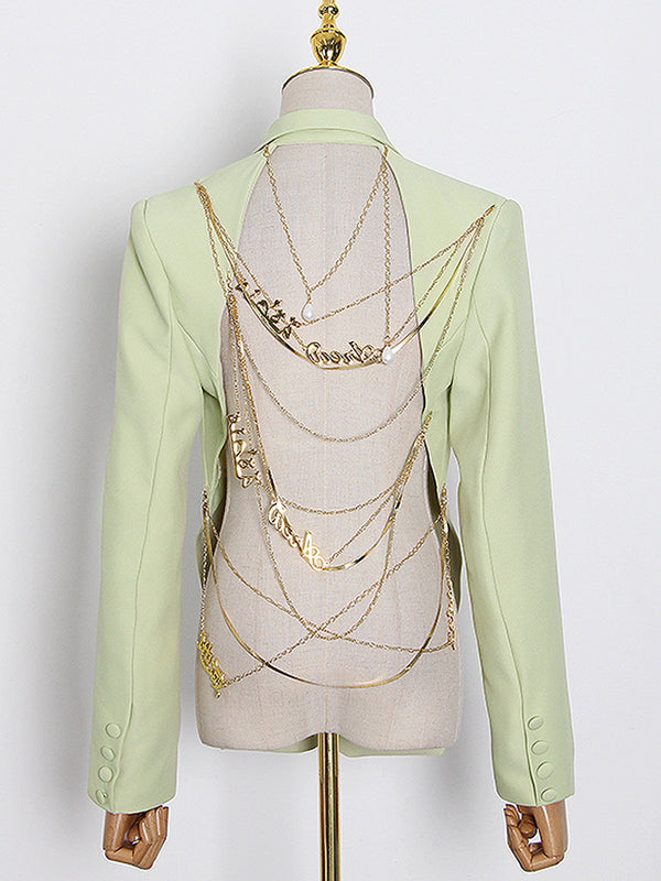 Long Sleeves Backless Chains Notched Collar Blazer Outerwear