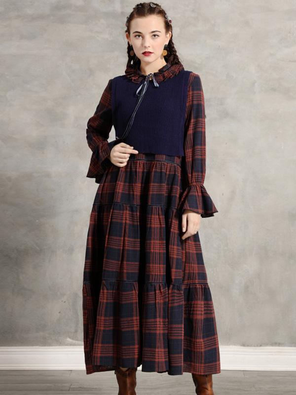 Vintage Pleated Bow Plaid Doll-Neck Midi Dress