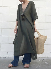 See Through Solid Color V-Neck Short Sleeve Shirt