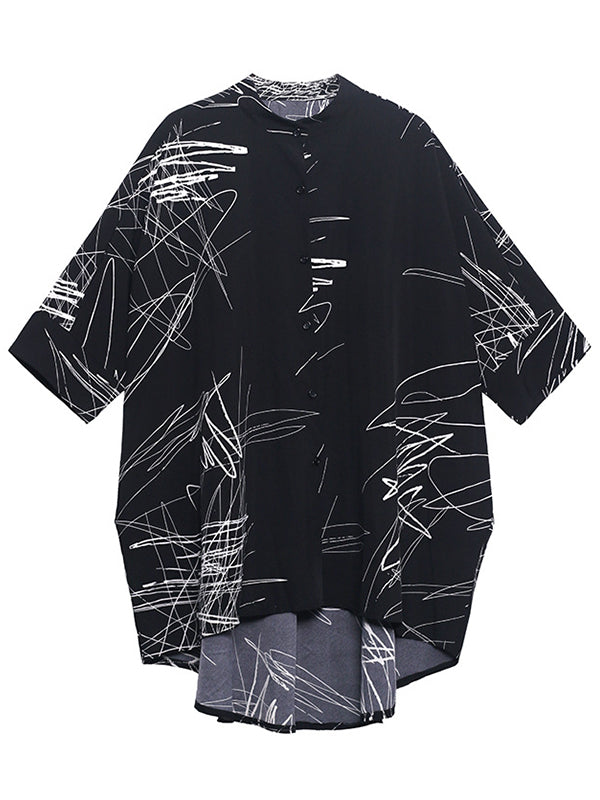 Loose Abstract Printed Irregular Stand-Collar Blouse