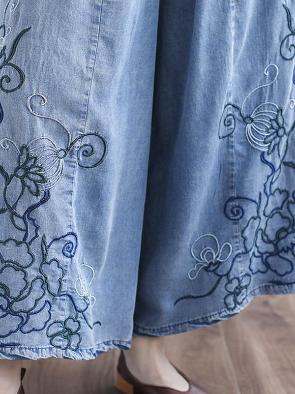 Artistic Retro Applique Wide Leg Jean Pants Bottoms