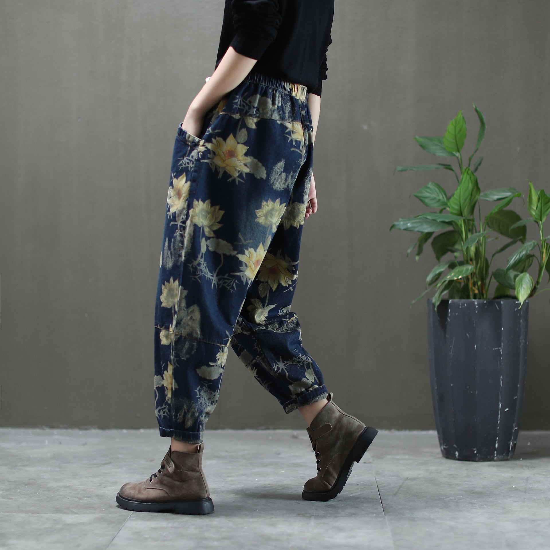 Vintage Floral Printed Denim Harem Pants