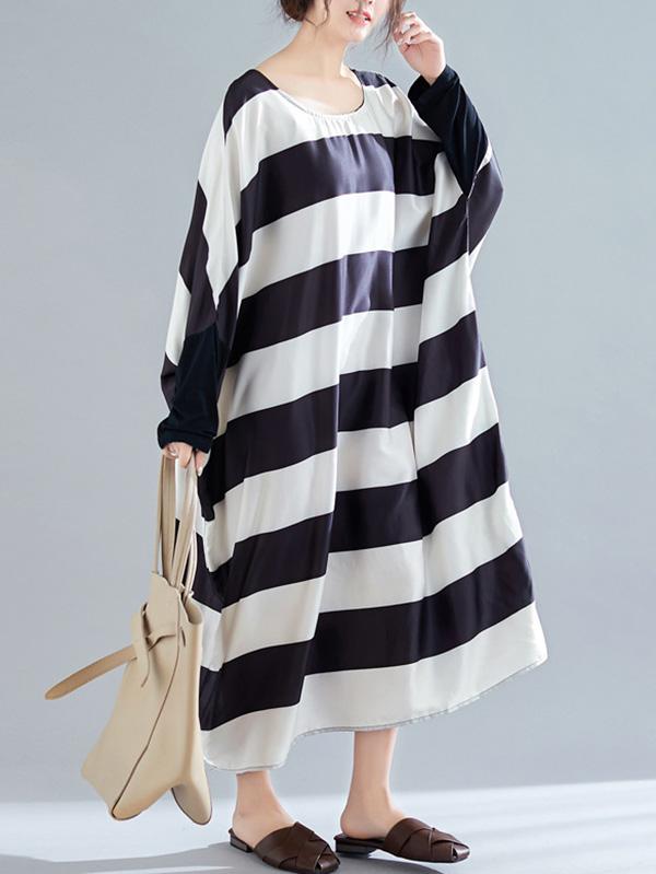 Black And White Striped Bat Sleeve Loose Dress