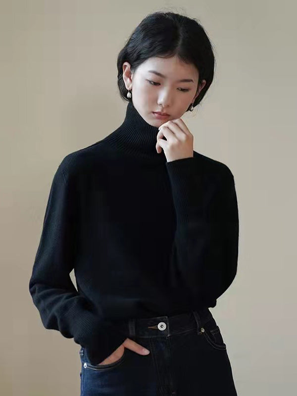 Retro Loose Solid Color High-Neck Sweater