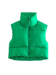 Skinny Sleeveless Solid Color Zipper Stand Collar Padded Vest Vest Top