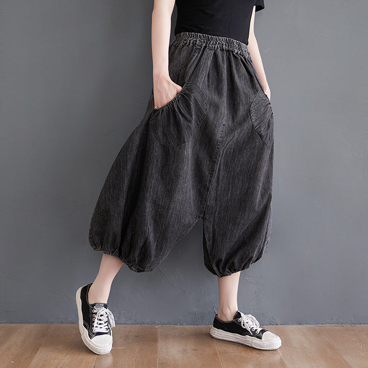 Solid Color Loose Elastic Waistband Pants