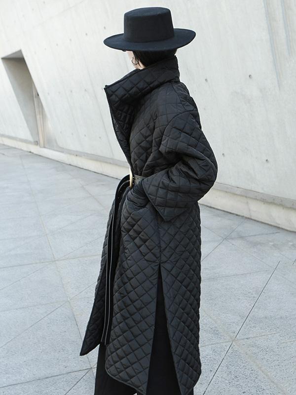 Black Rhombic Split-Side High Collar Long Coat