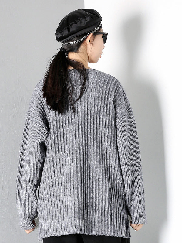 Women Stitching Round Neck Solid Color Irregular Sweater