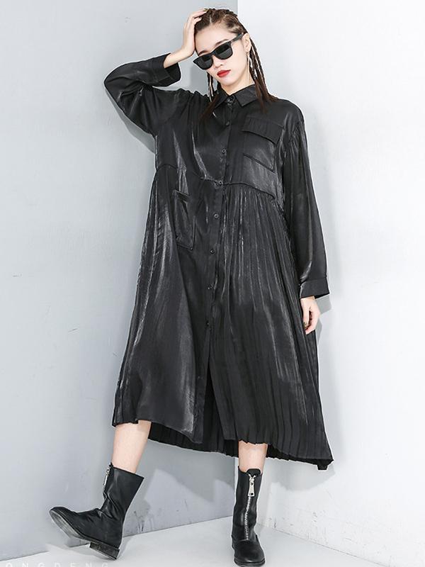 Roomy Solid Splicing Asymmetric Lapel Midi Dress