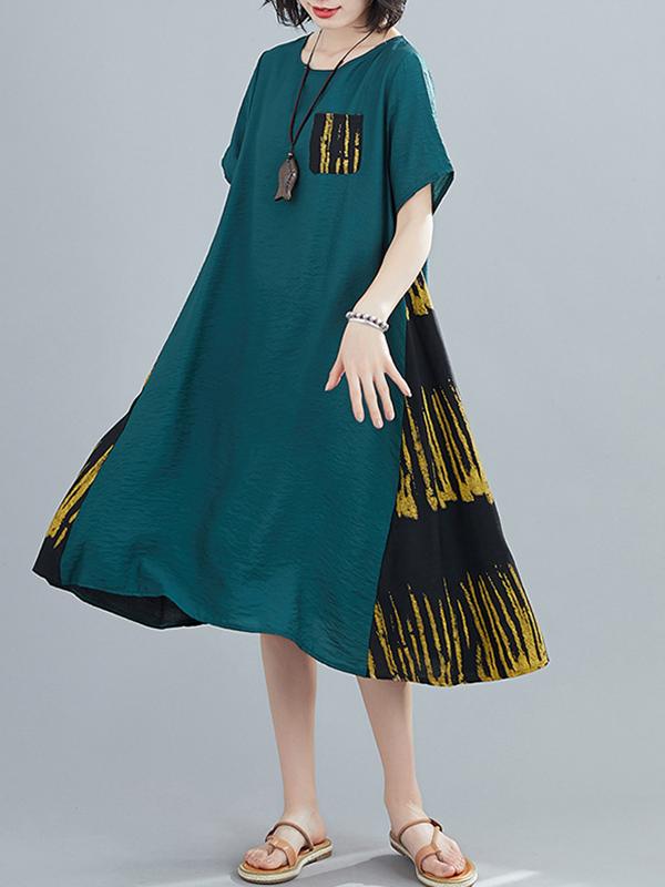 Loose Round Neck Printed Splicing Dress
