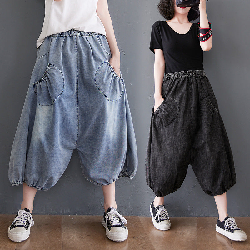 Solid Color Loose Elastic Waistband Pants