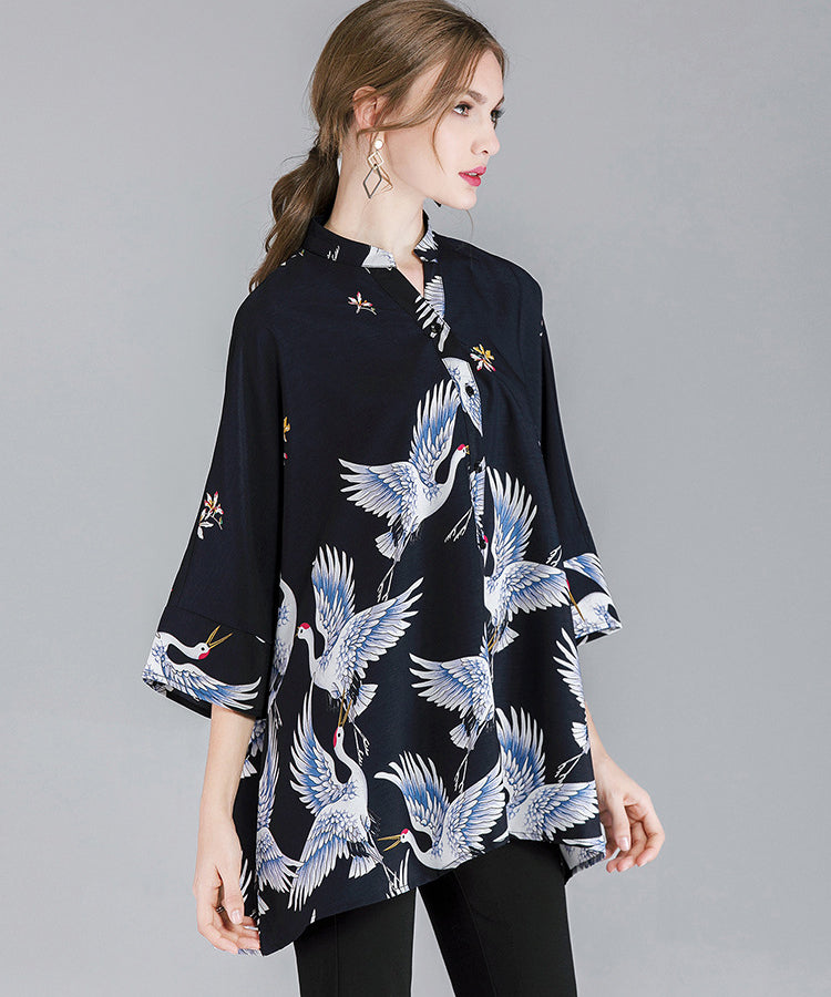 Crane Print Loose Oversized Shirt