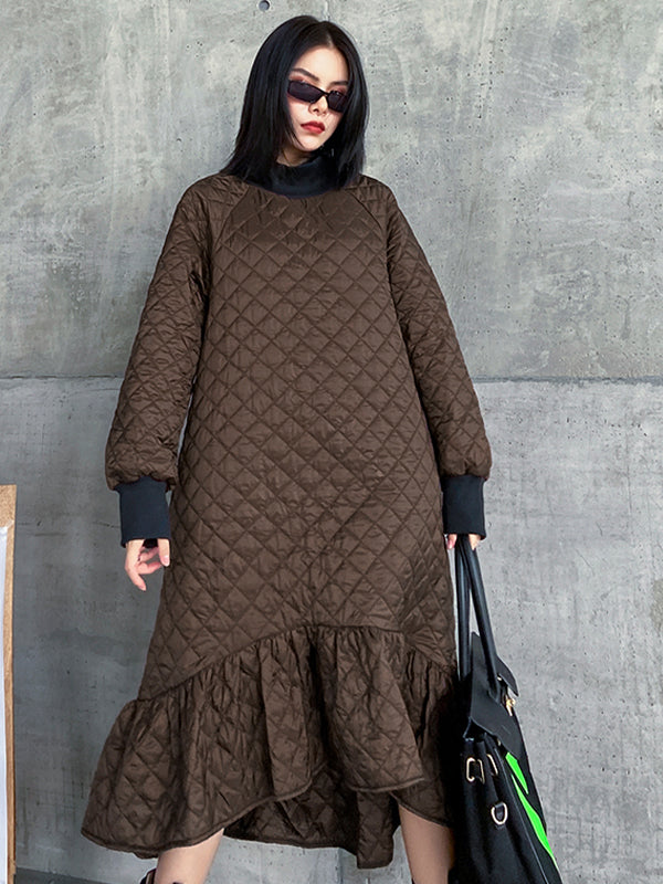 Casual Ruffled Solid Color Plaid Midi Dress