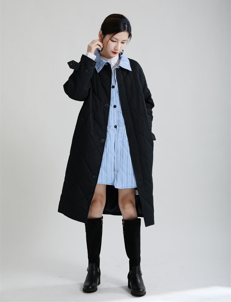 Retro Splicing Lapel Collar Midi Cotton Outwear