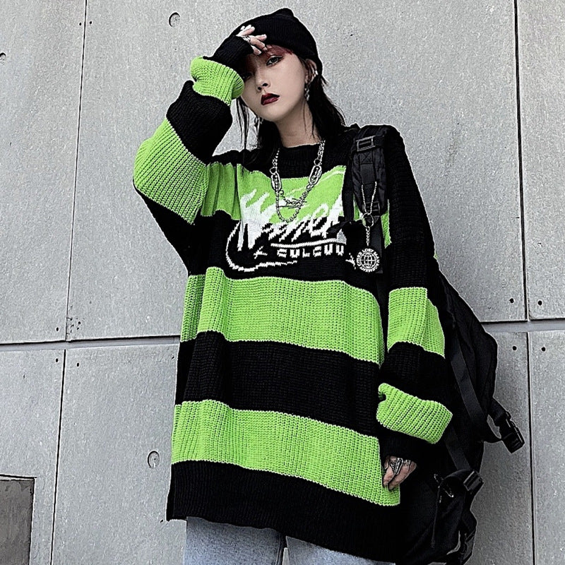 Women Retro Striped Contrast Color Pullover Loose Sweater