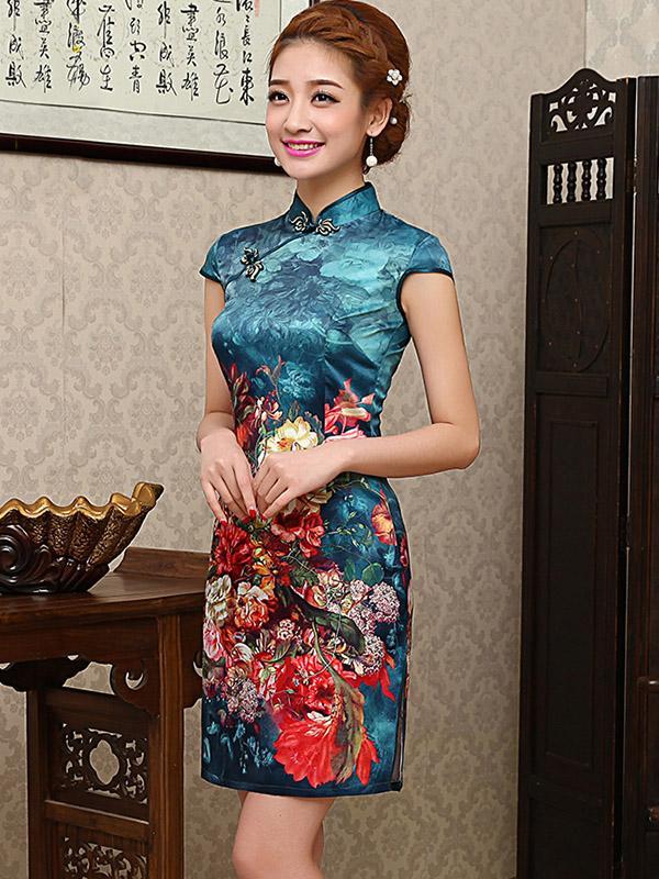 Blue Floral Short Cheongsam Dress