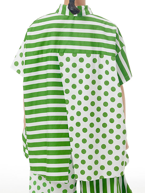 Irregular Clipping Roomy Polka-Dot Split-Joint Striped Lapel Shirts Tops