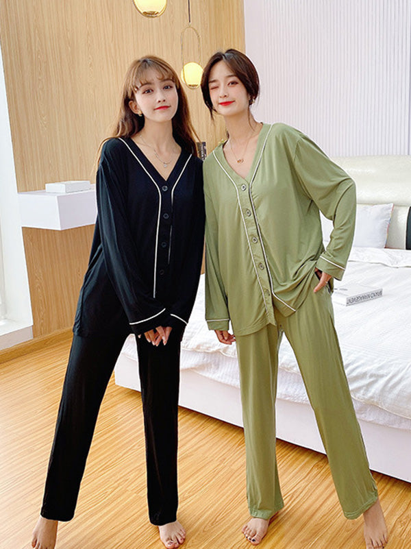 Two Pieces Solid Color Loose Comfort Tops And Pants Pajamas