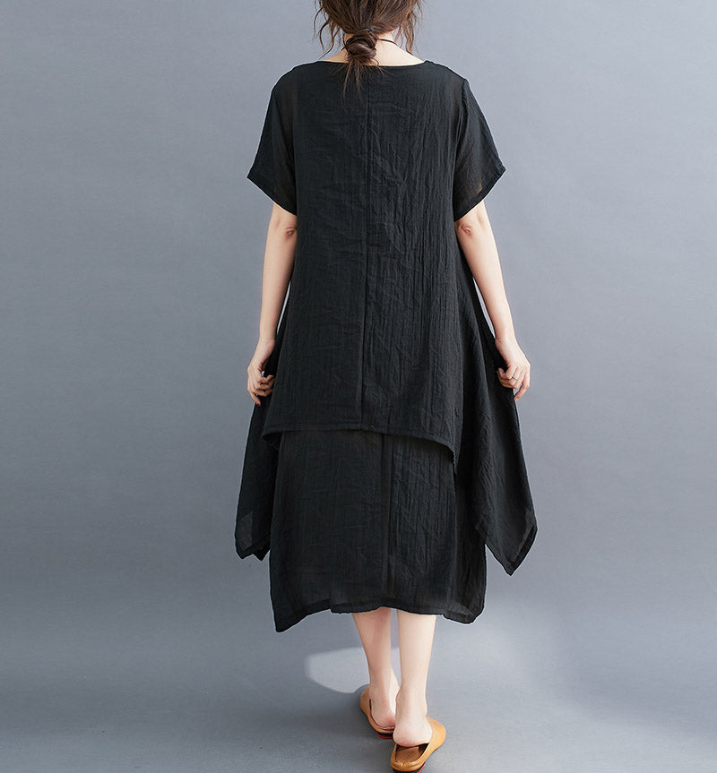 Retro Round Neck Solid Color Irregular Casual Dress