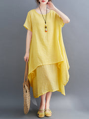 Retro Round Neck Solid Color Irregular Casual Dress
