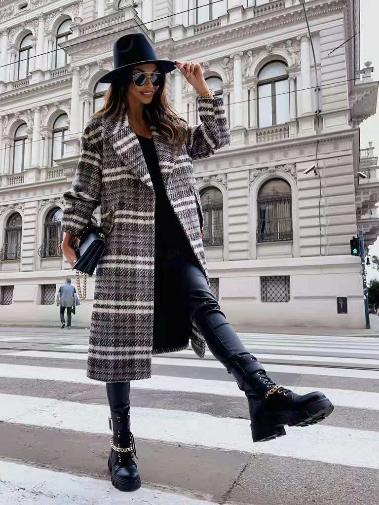 Classic Plaid Lapel Collar Midi Outerwear