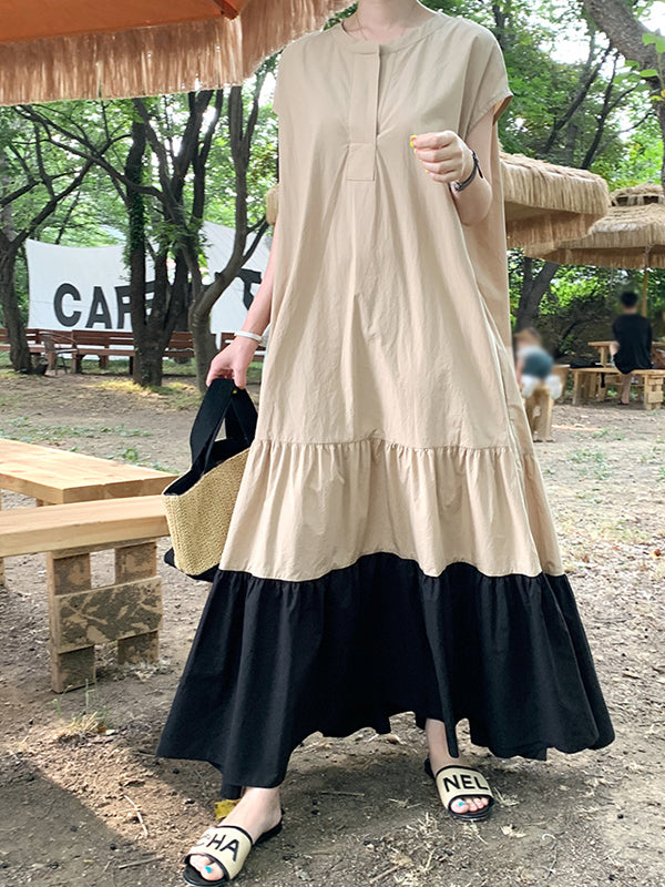 Retro Loose Thin Contrast Stitching Dress