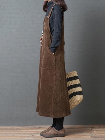 Casual Corduroy Long Suspender Skirt