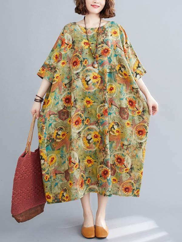 Artistic Retro Floral Round-Neck Dress