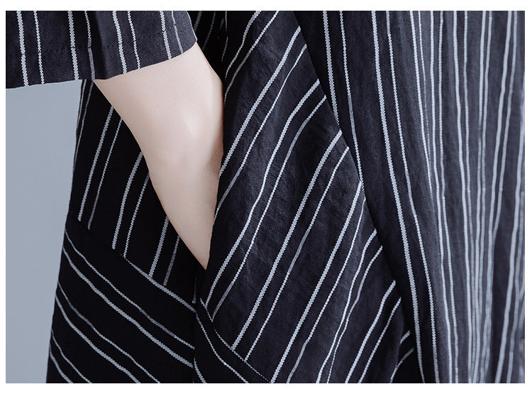 Vintage Stand Collar Striped Shirt Dress