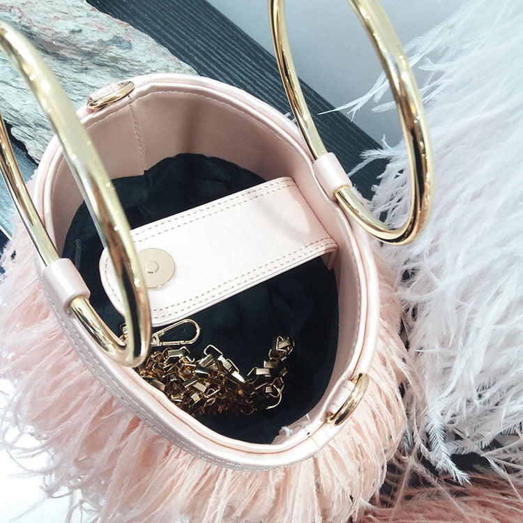 Ostrich Fur Tassel Metal Circle Handbag