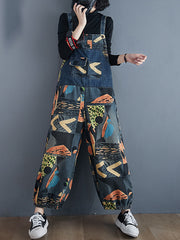 Women Printed Denim Back Wide Loose Casual Pants