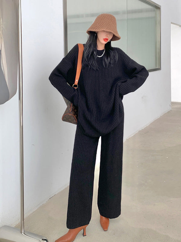 Simple Solid Color Sweater And Trousers Two-Piece Set