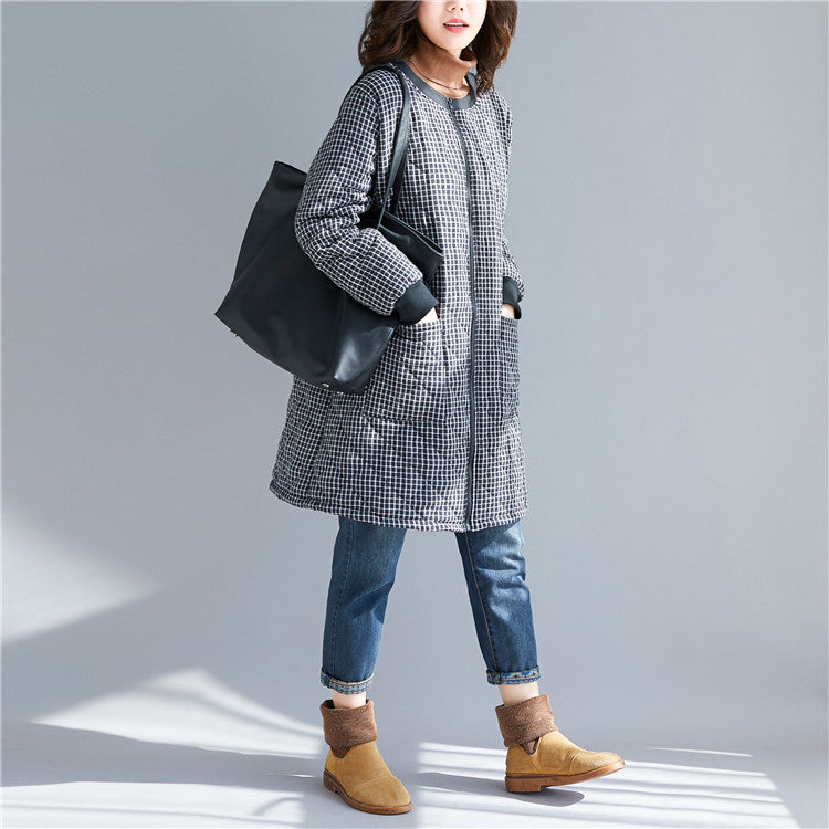 Women Plaid Warm Round Neck Coat