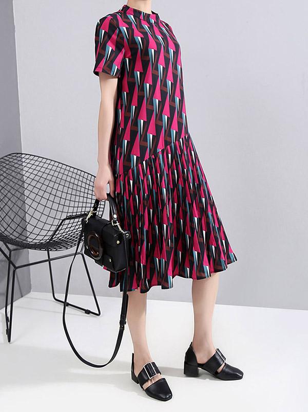 Rhomboid Print Pleat Round Neck Dress