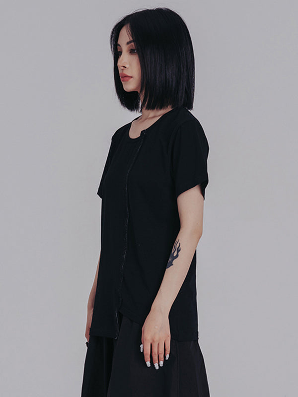 Casual Short Sleeves Irregular Black T-Shirt Top