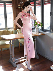 Pink Flower Print Stand-collar Long Cheongsam