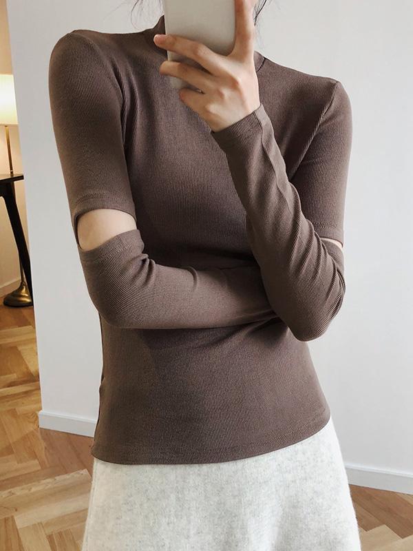 Holey Sleeve Solid Color Blouses